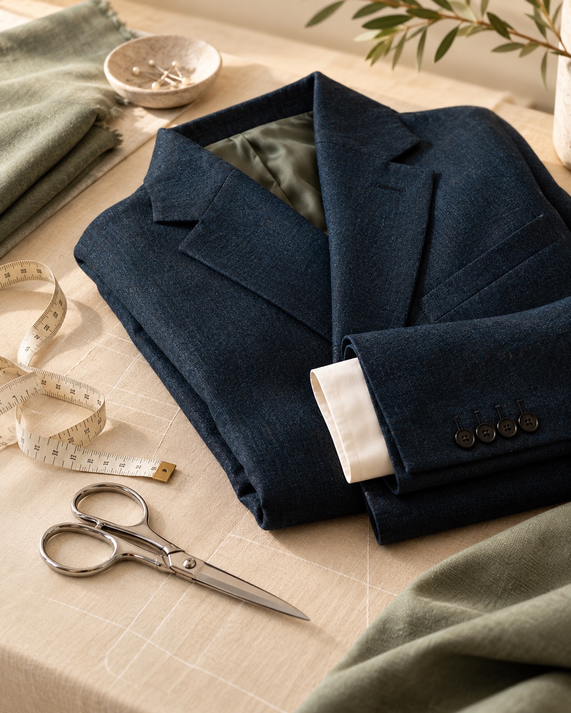 Illustrative AI study of a wool jacket, measuring tape and tailoring shears
